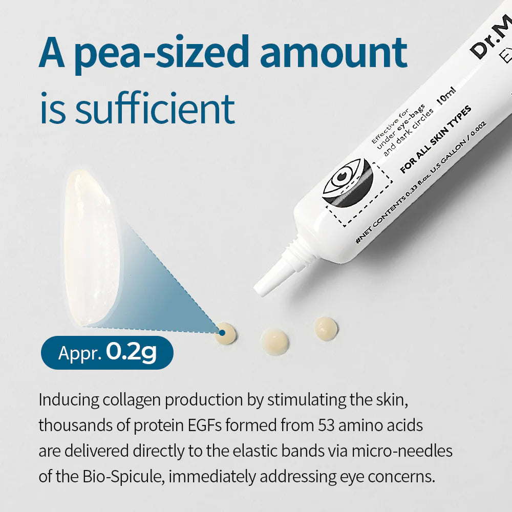 Dr. M. eye cream tube with pea-sized amount illustration on a light gray background. Iceland