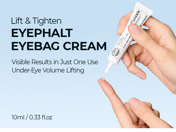 Eyebag cream tube held by a hand with promotional text on a light blue background. Iceland