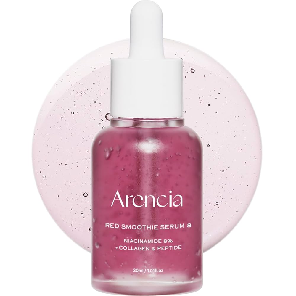 Pink serum bottle with dropper labeled 'Arenicia' on a white background