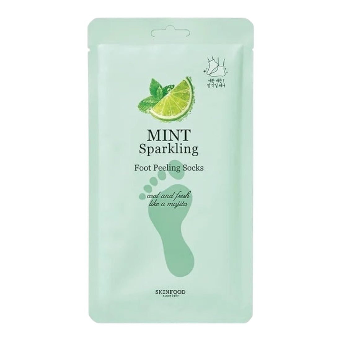 Mint green package of Skinfood Mint Sparkling Foot Peeling Socks on a white background. Iceland