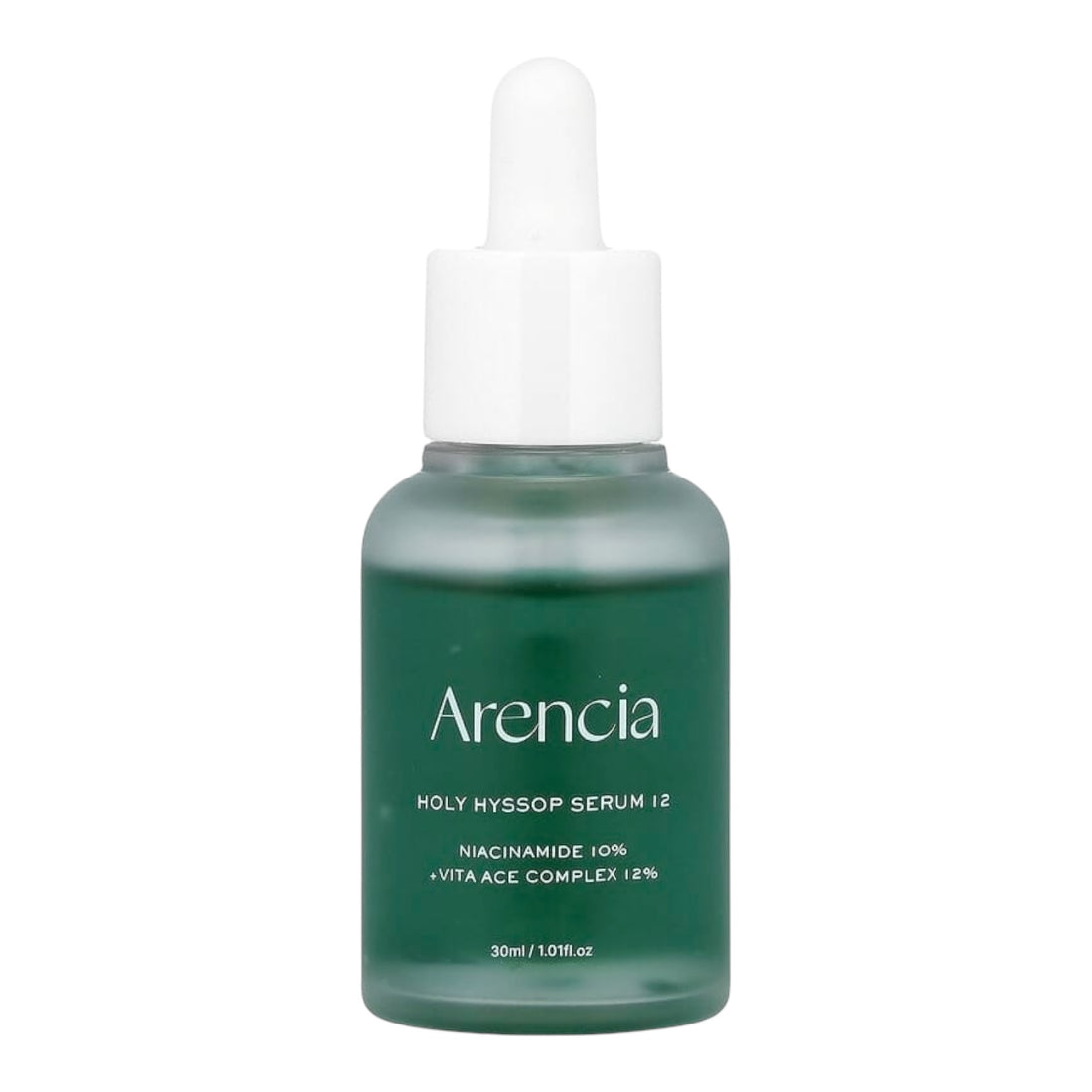 Green serum bottle with white dropper labeled 'Arencia' on a white background