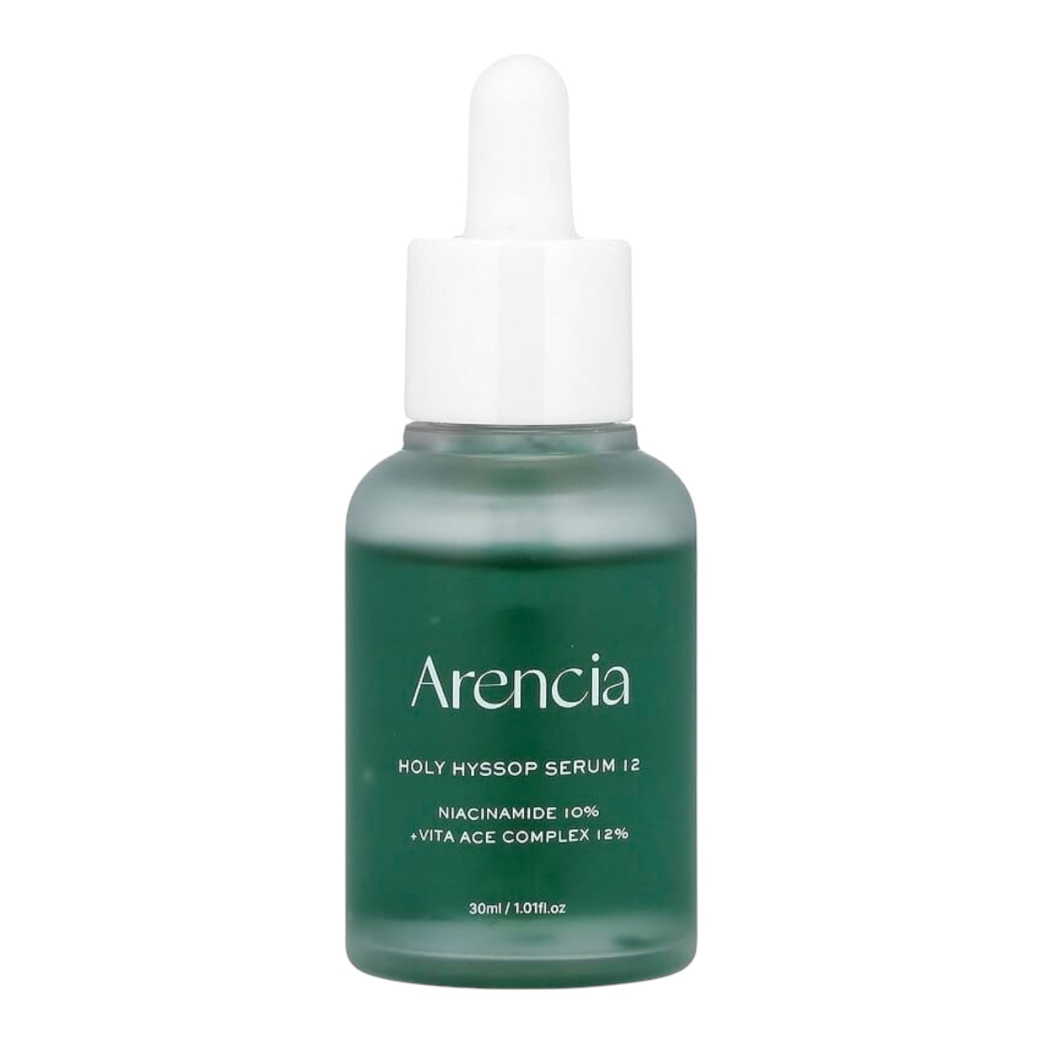 Green serum bottle with white dropper labeled 'Arencia' on a white background