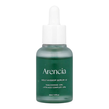 Green serum bottle with white dropper labeled 'Arencia' on a white background