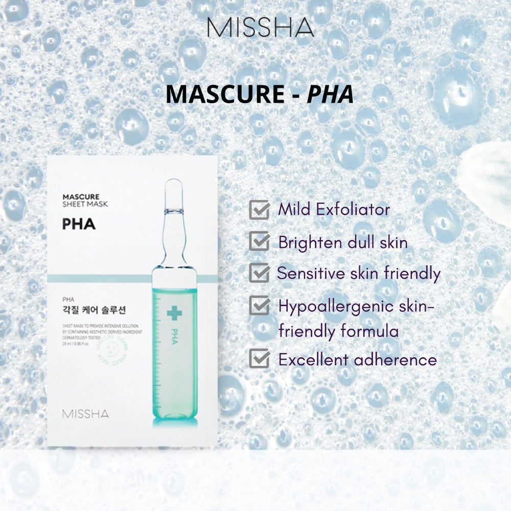 Missha Mascure PHA sheet mask packaging with product and features listed on a light blue background. iceland
