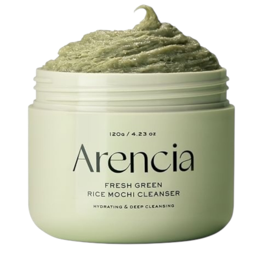 Green jar of Arencia Fresh Green Rice Mochi Cleanser on a white background. Iceland