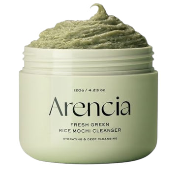 Green jar of Arencia Fresh Green Rice Mochi Cleanser on a white background. Iceland