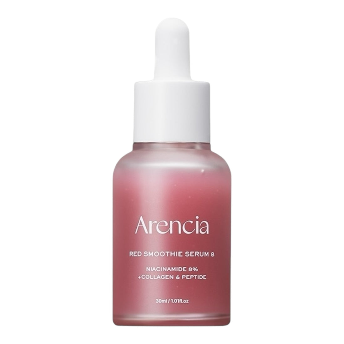 Pink serum bottle with white cap labeled 'Arencia' on a white background
