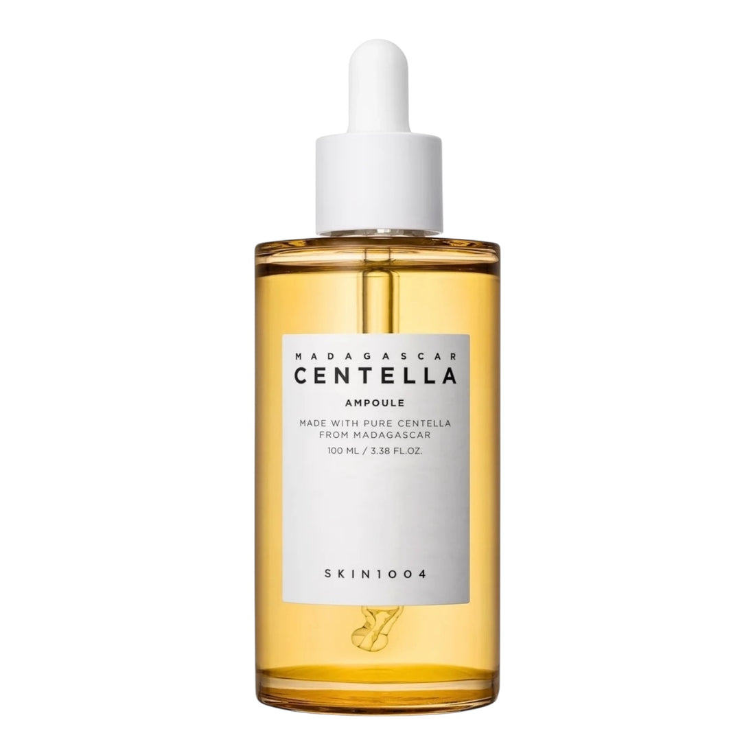 Bottle of Madagascan Centella Ampoule with a white label on a white background