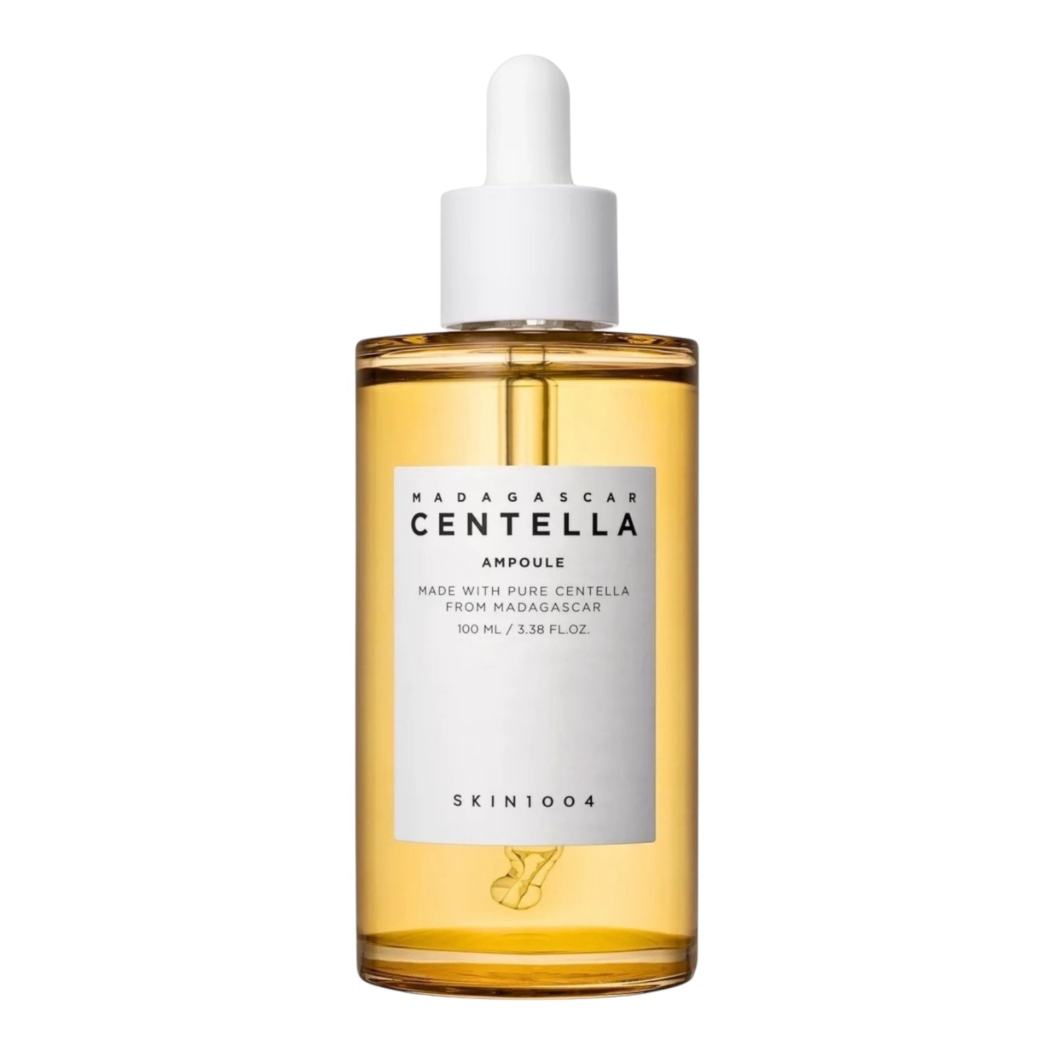 Bottle of Madagascan Centella Ampoule with a white label on a white background
