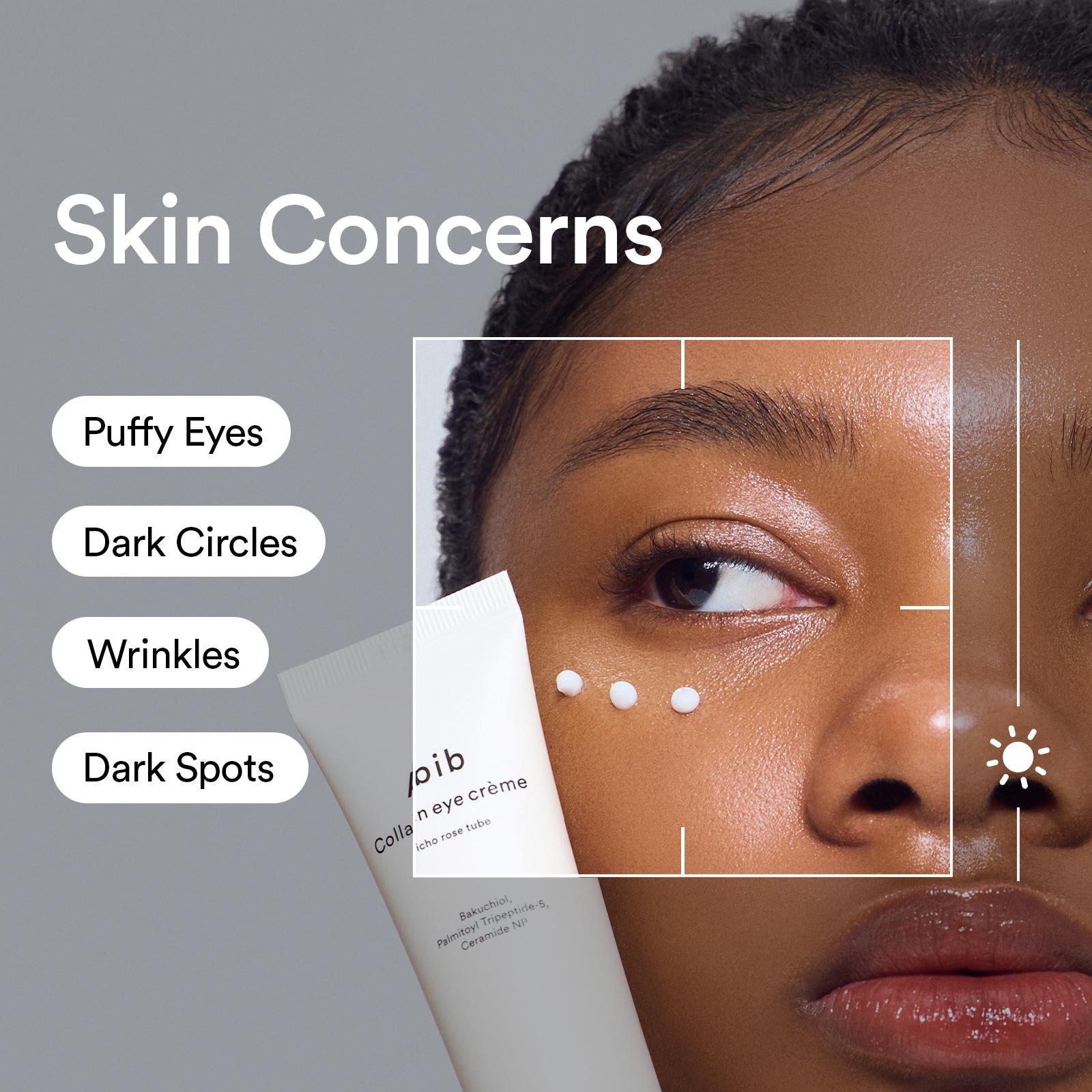 Close-up of a person's eye with skin concerns listed and a product labeled 'Collagen Eye Cream' on a gray background.