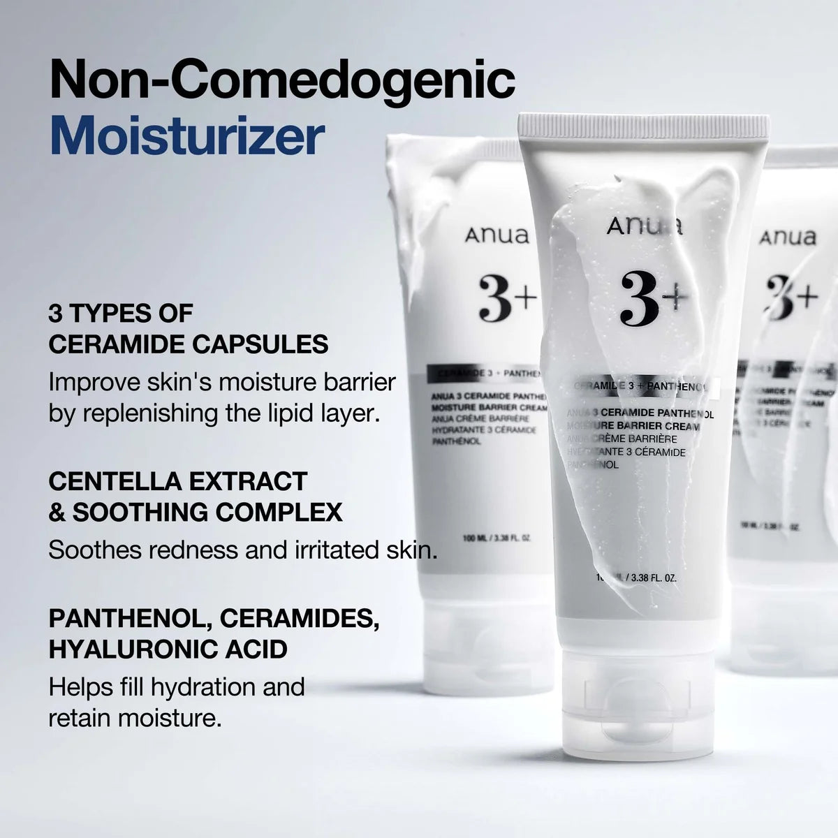 Anua 3+ non-comedogenic moisturizer with product details on a light gray background benefits of ANUA 3 Ceramide Panthenol Moisture Barrier Cream 100ml 