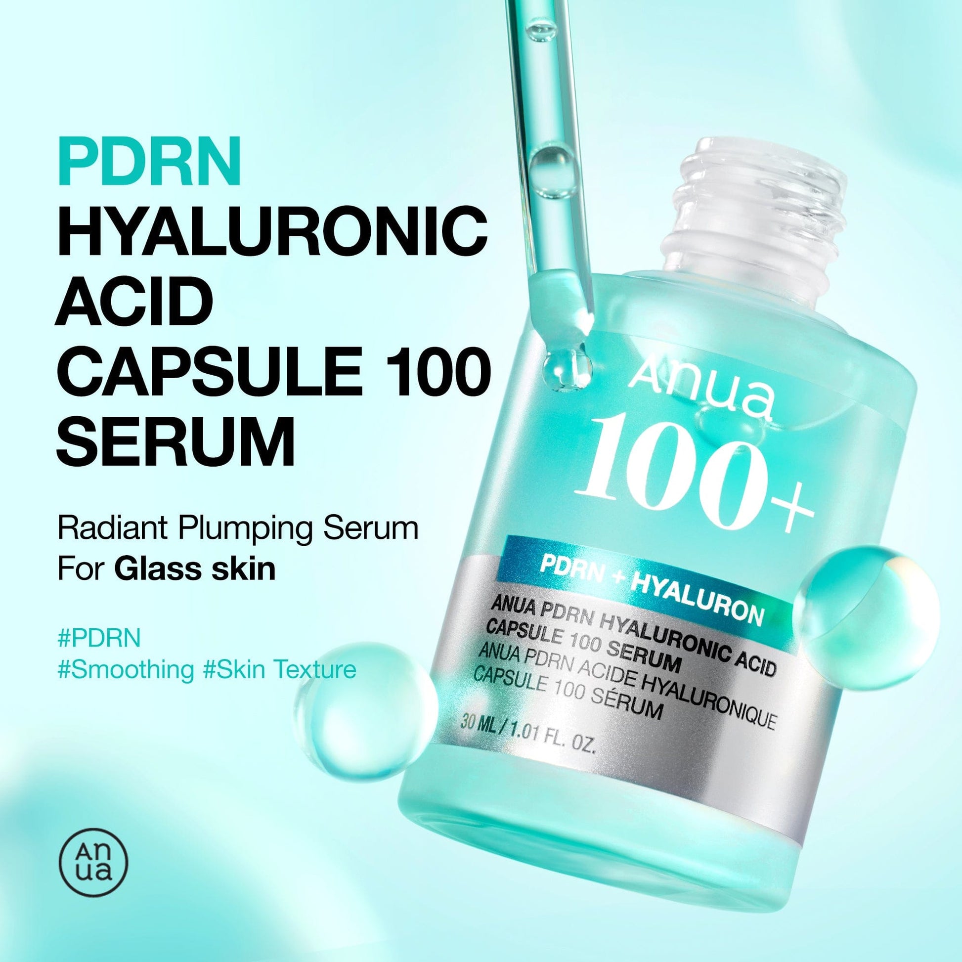 PDRN Hyaluronic Acid Capsule 100 Serum bottle with dropper on a light blue background