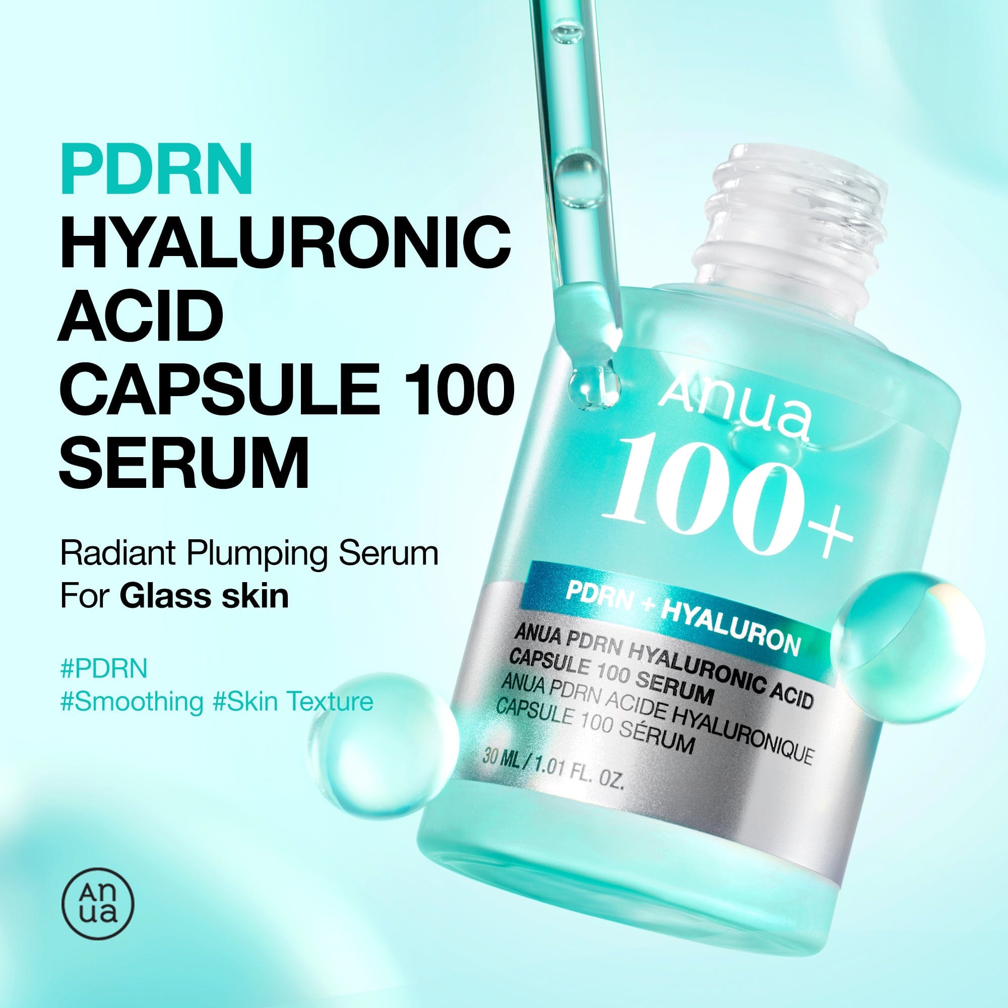 PDRN Hyaluronic Acid Capsule 100 Serum bottle with dropper on a light blue background