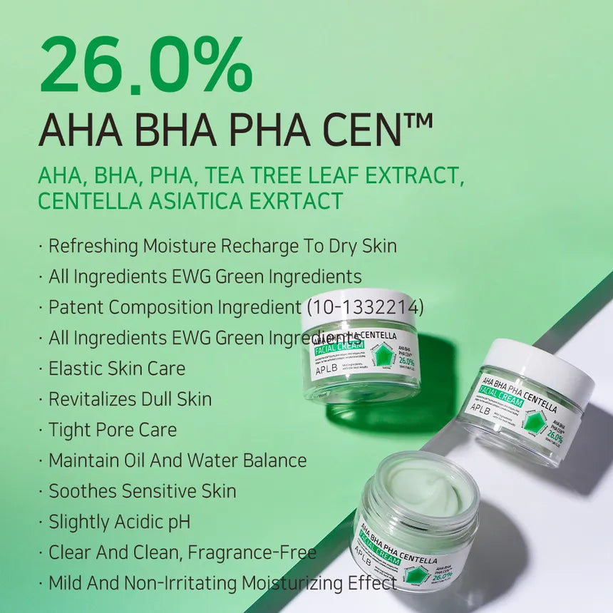Jars of a skincare product with AHA BHA PHA CEN benefits on a green background
