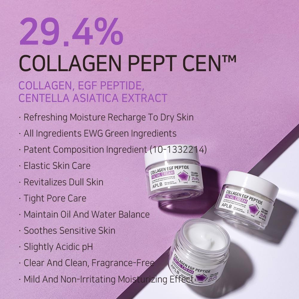 Collagen cream jars with product details on a purple background