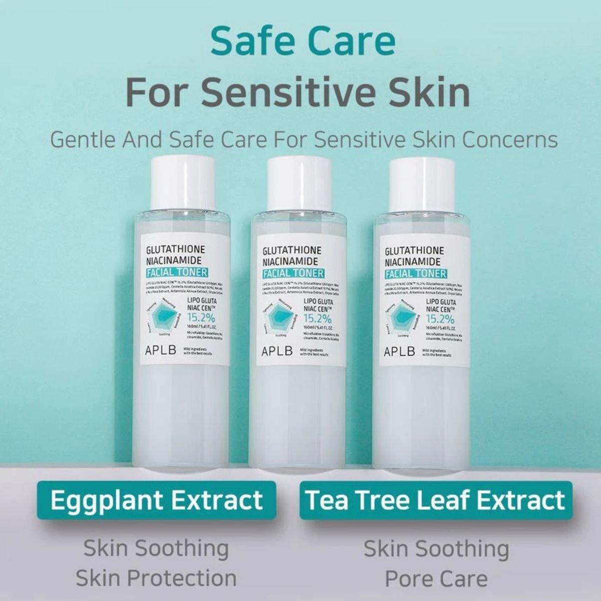 Three bottles of APLB Glutathione Niacinamide Facial Toner with eggplant and tea tree leaf extracts on a light blue background.