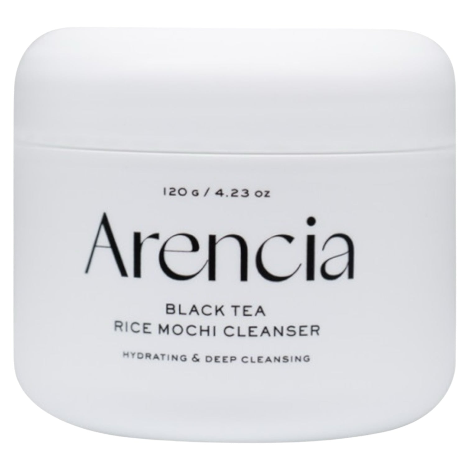 White container of Arencia Black Tea Rice Mochi Cleanser on a white background