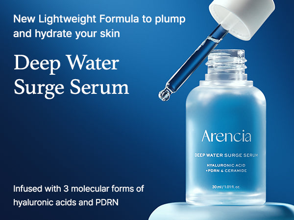 Arencia Deep Water Surge Serum bottle with dropper on a blue background