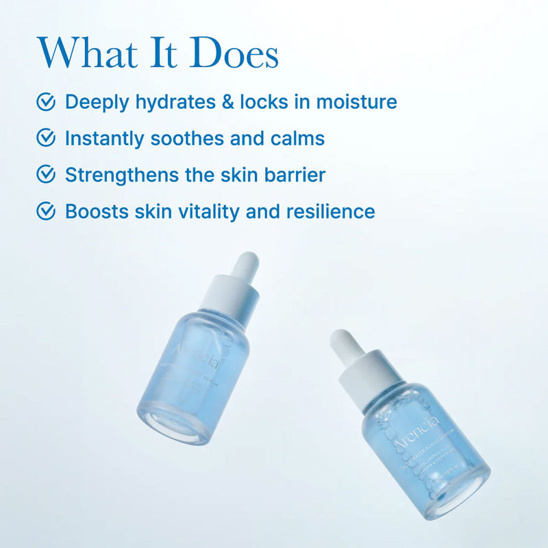 Two blue skincare droppers with text listing their benefits on a light blue background