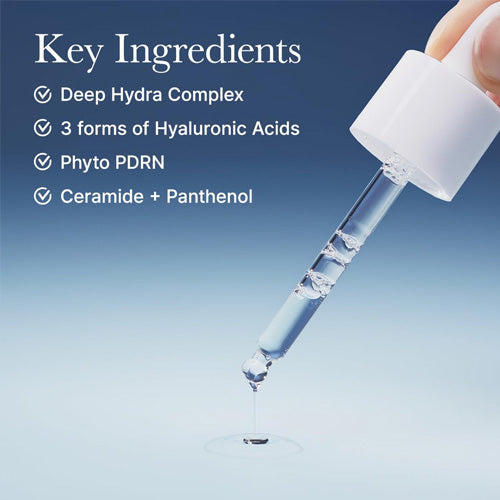 Dropper with skincare serum and list of key ingredients on a blue background