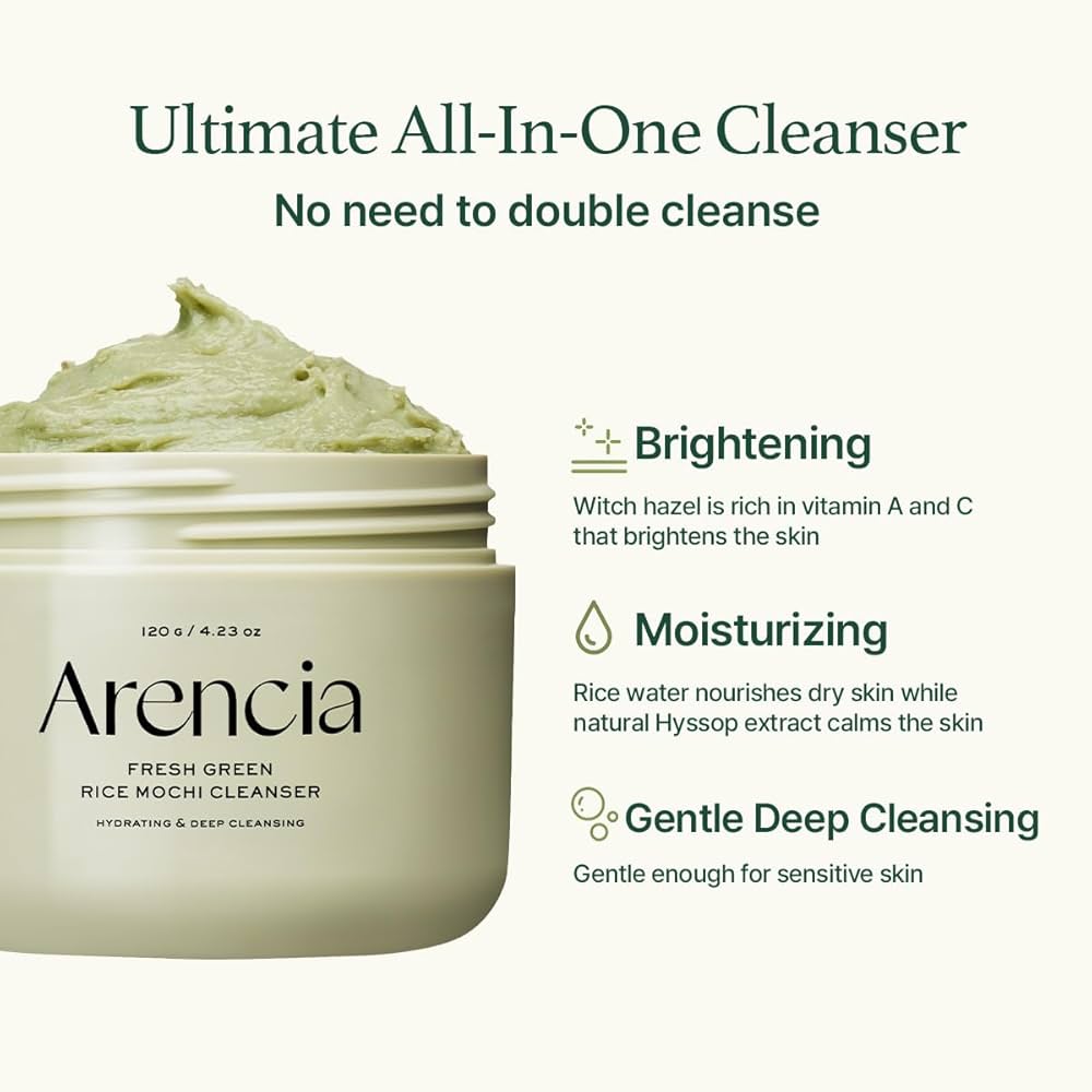 Arencia Fresh Green Rice Mochi Cleanser with product details on a white background. Iceland