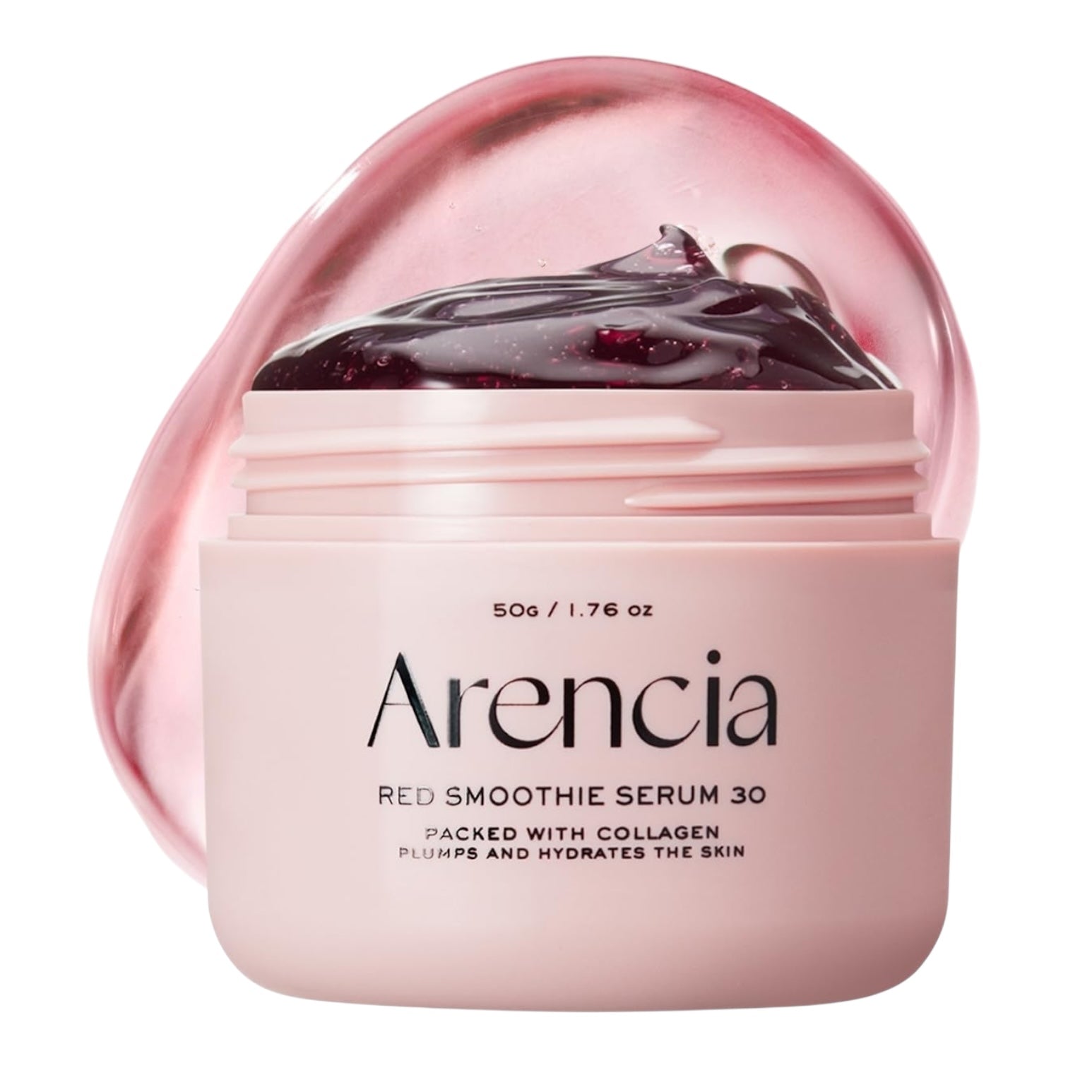 Pink jar of Arencia Red Smoothie Serum 30 with pink cap on a white background