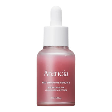 Pink serum bottle with white cap labeled 'Arencia' on a white background