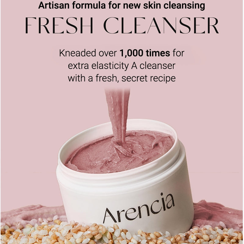 Arencia fresh cleanser with pink cream being poured into a jar on a pink background
