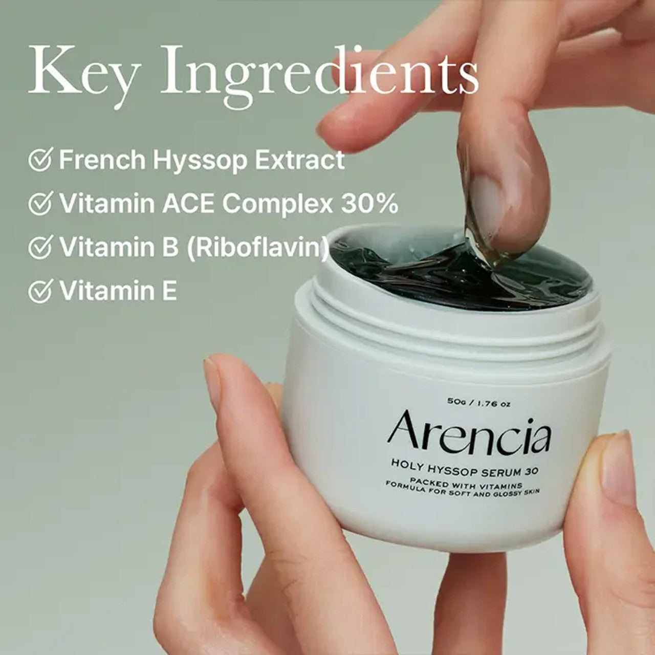 Arencia Holy Hyssop Serum 30 50g with key ingredients listed on a light green background