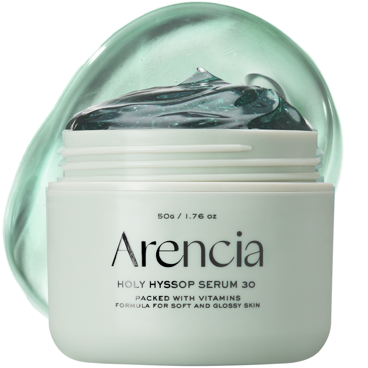 Arencia Holy Hyssop Serum 30 50g jar with serum texture on a white background