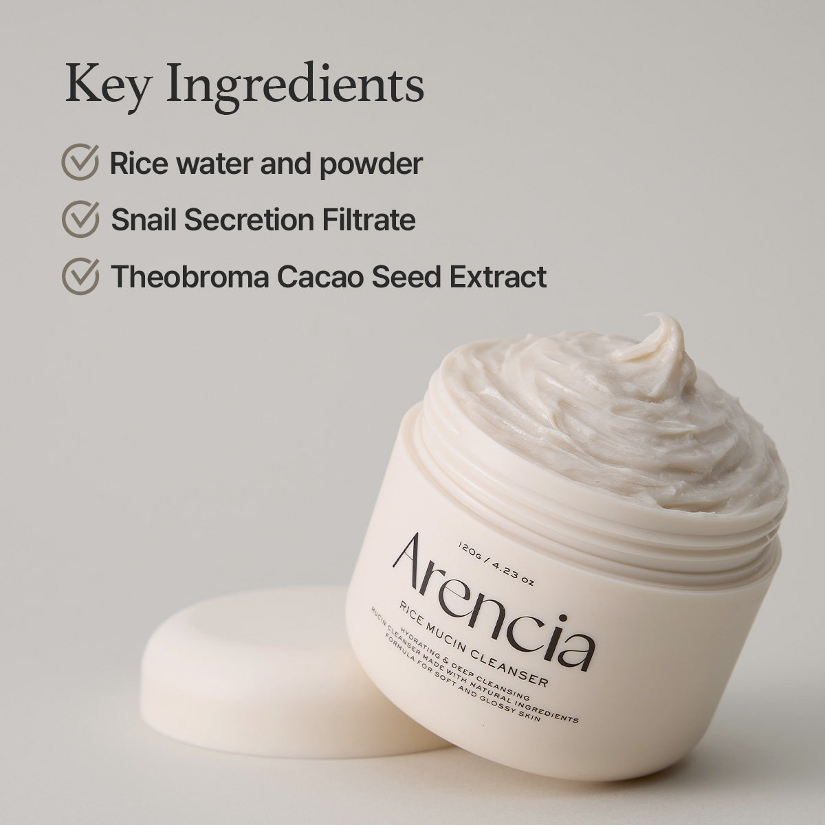 ARENCIA Rice Mucin Cleanser 120g showing key ingredients