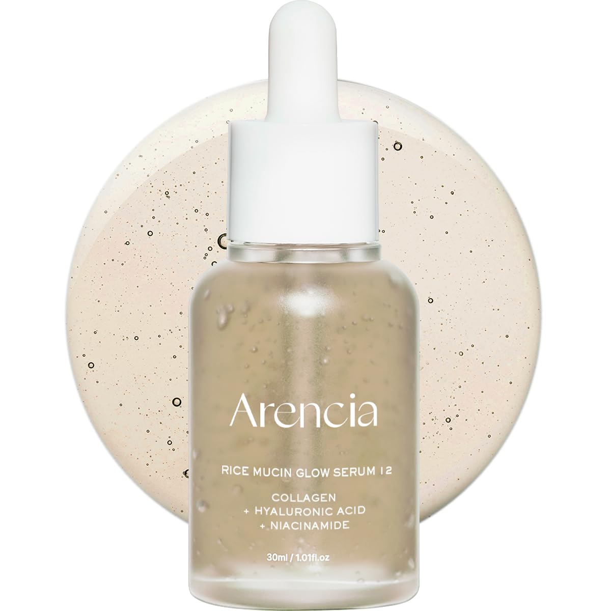 Arencia rice mucin glow serum bottle with dropper on a beige background iceland