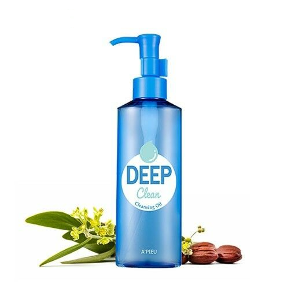 Blue bottle of A'PIEU Deep Clean Cleansing Oil with botanical elements on a white background