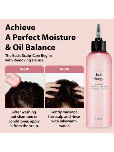 A bottle of hair vinegar with instructions on scalp care on a pink background