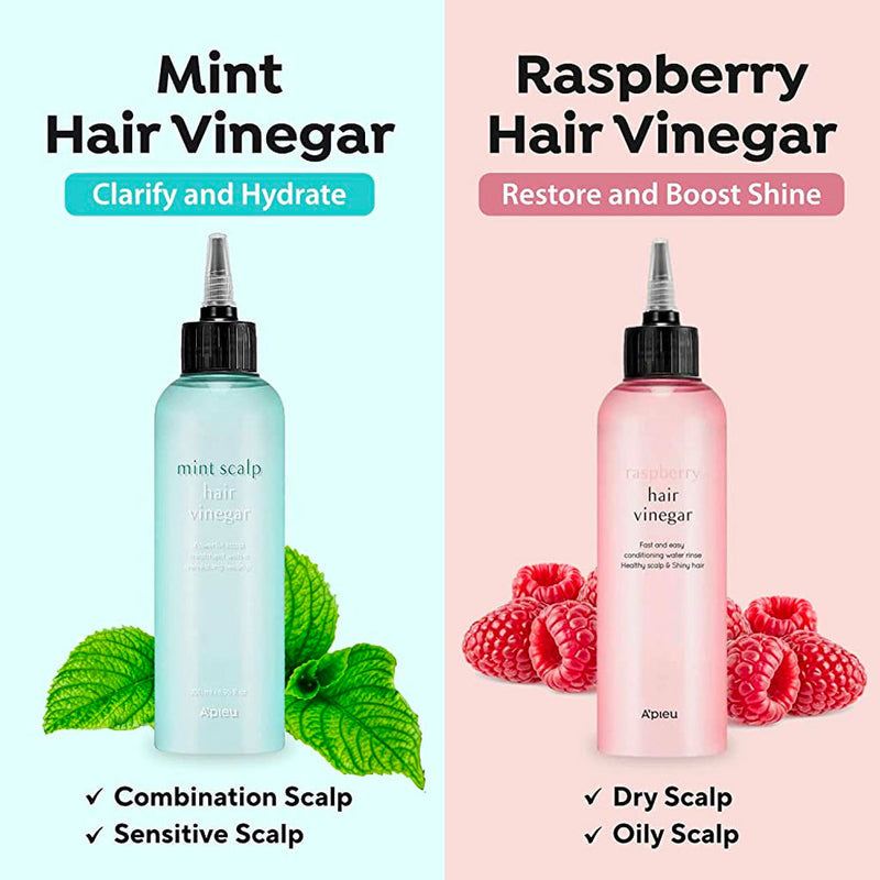 Two bottles of hair vinegar with labels for mint and raspberry flavors on a split background.
