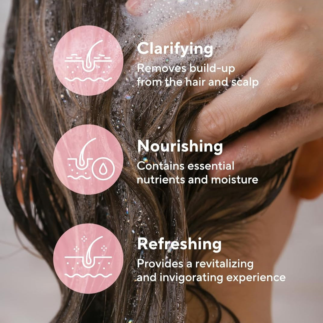 Person washing hair with text on clarifying, nourishing, and refreshing benefits.