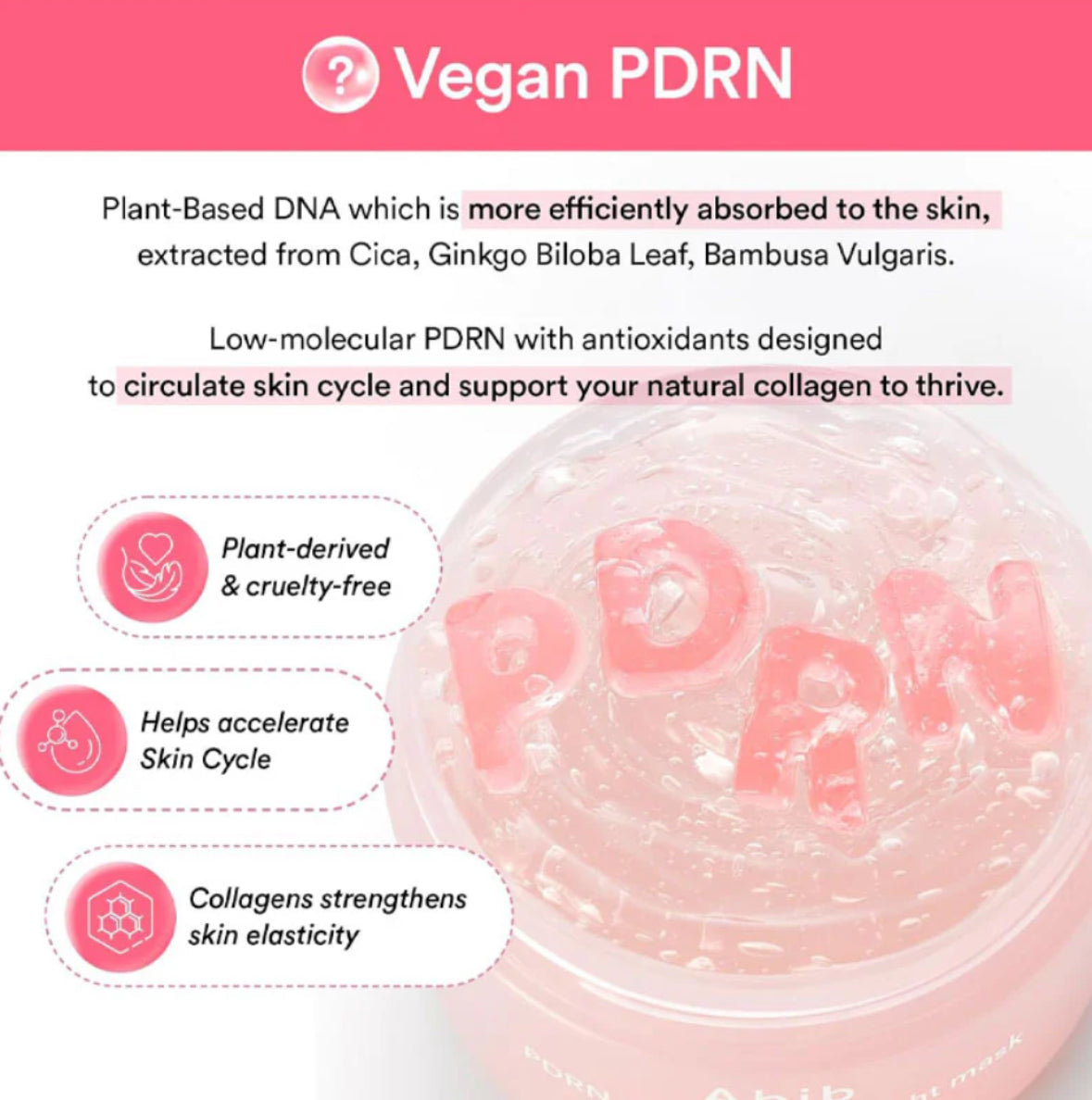 Vegan PDRN product with text about plant-based DNA and its benefits on a pink background
