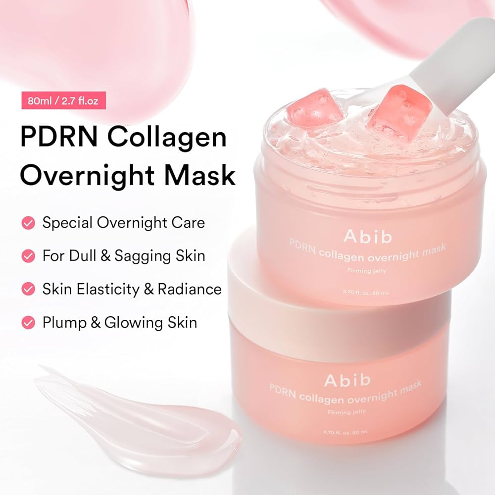 Abib PDRN Collagen Overnight Mask with pink packaging and white applicator on a light background