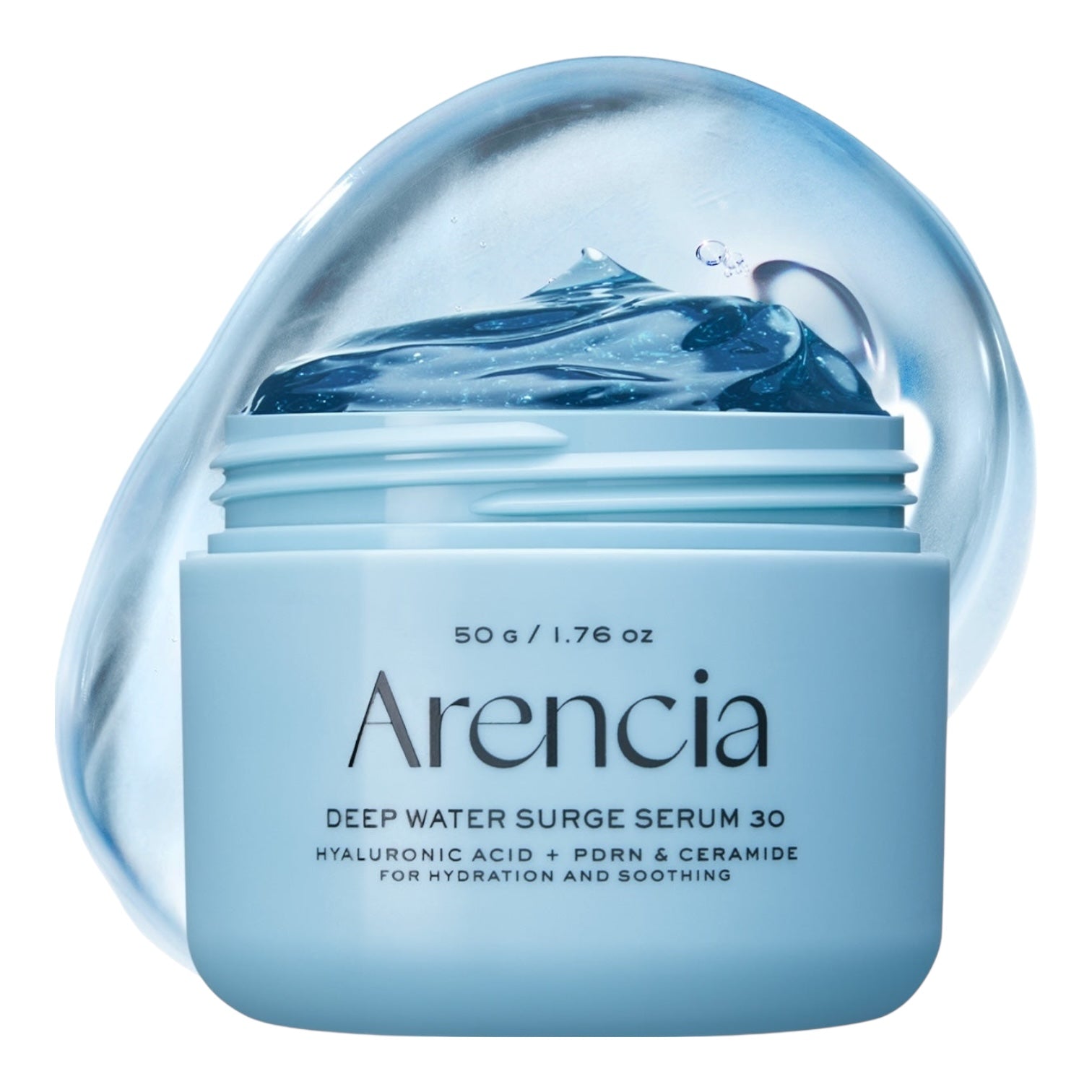 Blue skincare jar with 'Arenicia' branding on a white background