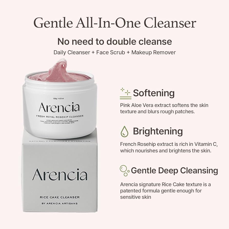 ARENCIA Fresh Rosehip Rice Mochi Cleanser 120g  with product packaging skincare benefits listed on a white background 