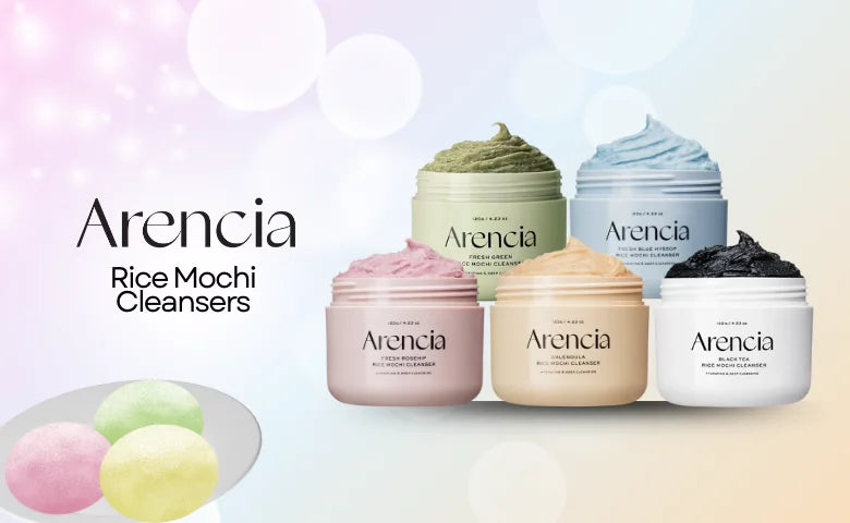 Arencia Rice Mochi Cleansers in various colors on a light background at lbbeauty and kurenada