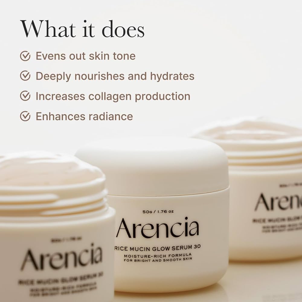 Arencia rice mucin glow serum jars with text on skin benefits