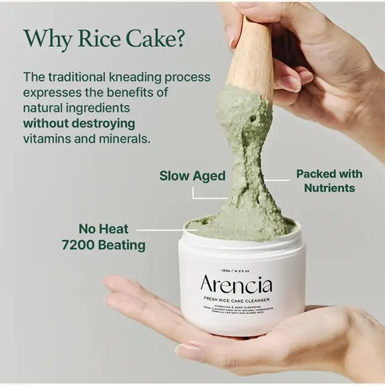 Arencia rice cake cleanser with text explaining benefits on a gray background. Iceland