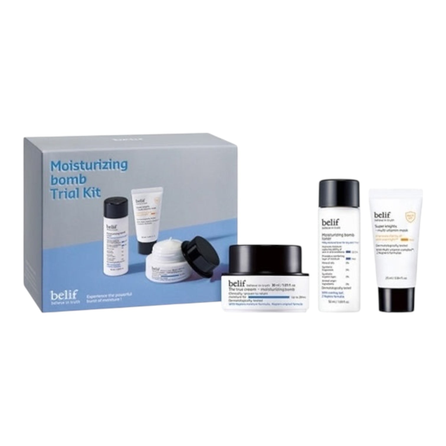 Belif moisturizing bomb trial kit with various skincare products on a white background. Iceland