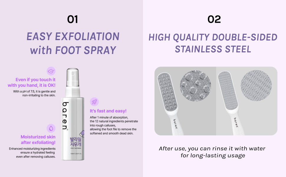 Foot care product with spray and steel tools on a light purple background