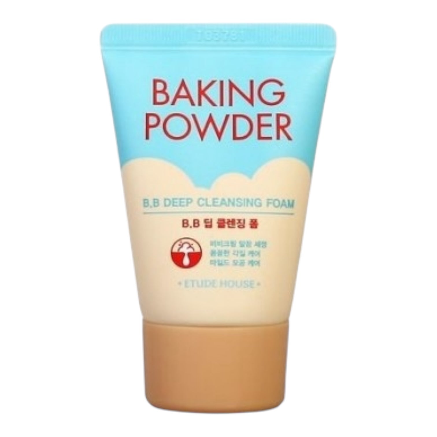 Tube of Baking Powder BB Deep Cleansing Foam with blue cap and beige body on a white background. Iceland