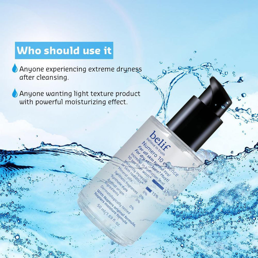 Bottle of belif skincare product with water droplets and text on a blue background
