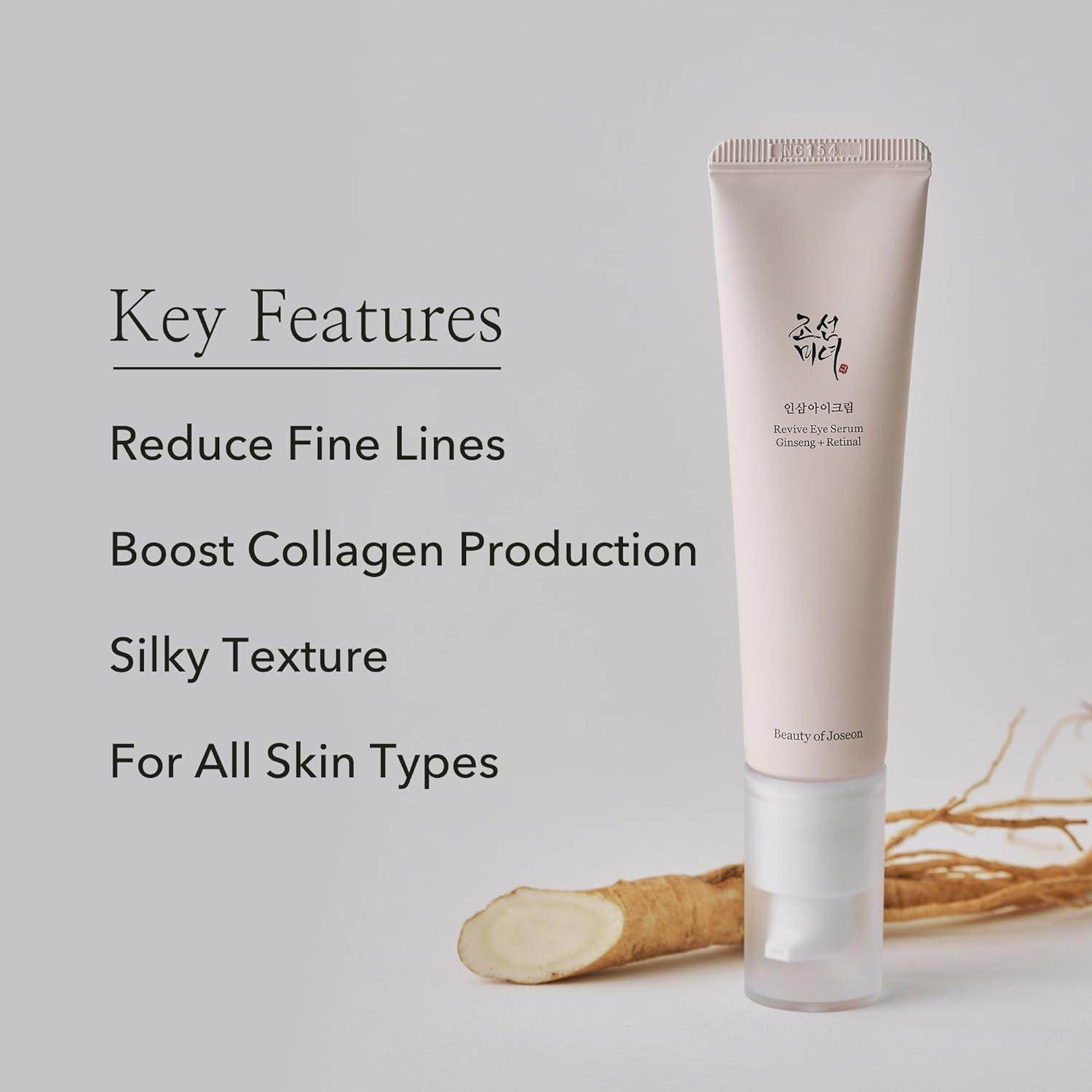 Skincare tube with key features listed on a light gray background