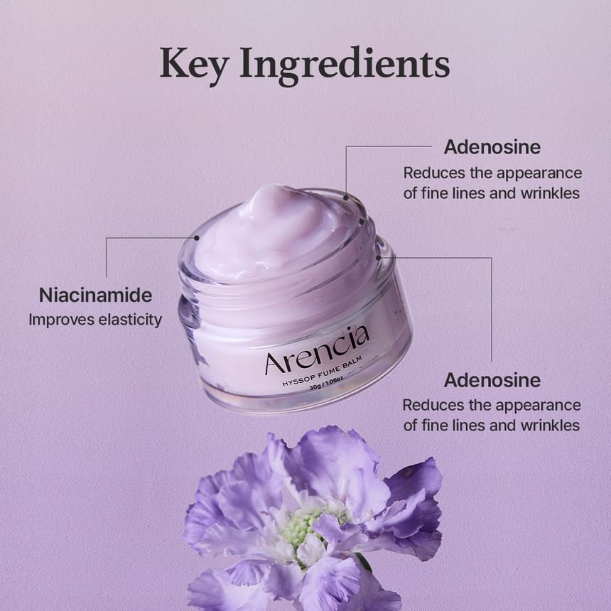 Arencia skincare balm with key ingredients highlighted on a purple background