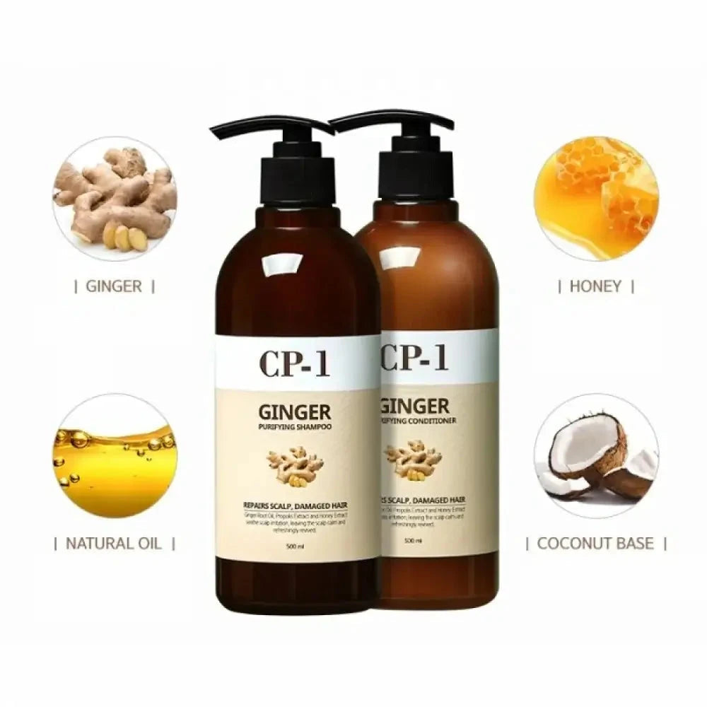CP-1 Ginger shampoo and conditioner bottles with ingredients displayed on a white background